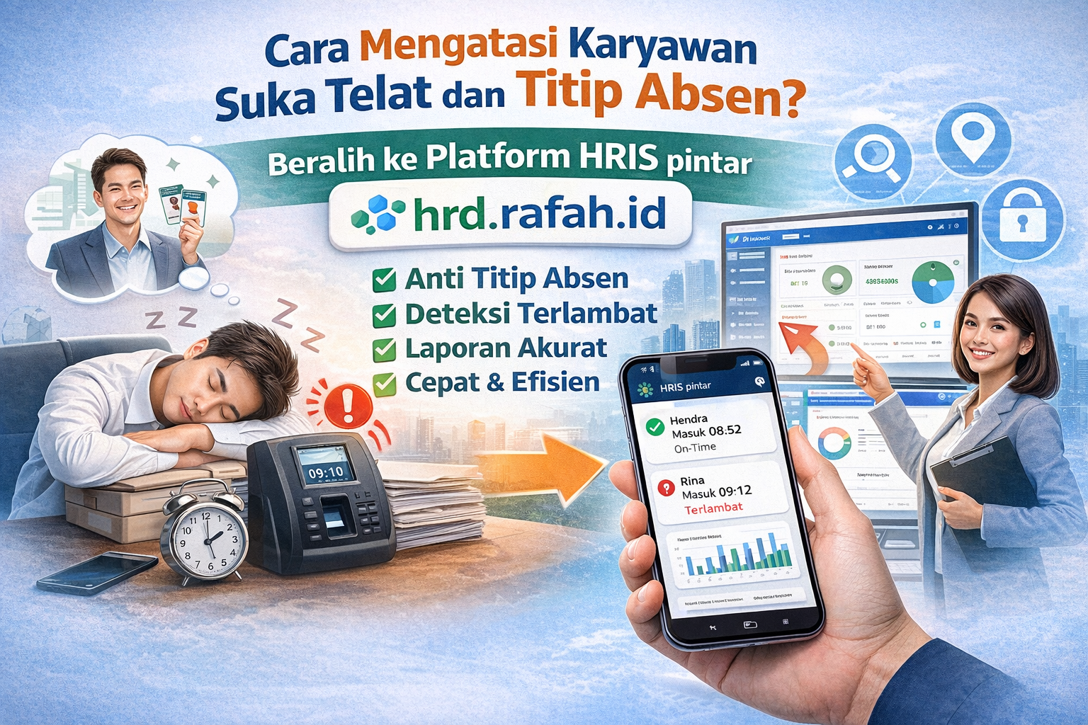 Cara Mengatasi Karyawan Suka Telat dan Titip Absen? Beralih ke Platform HRIS pintar hrd.rafah.id
